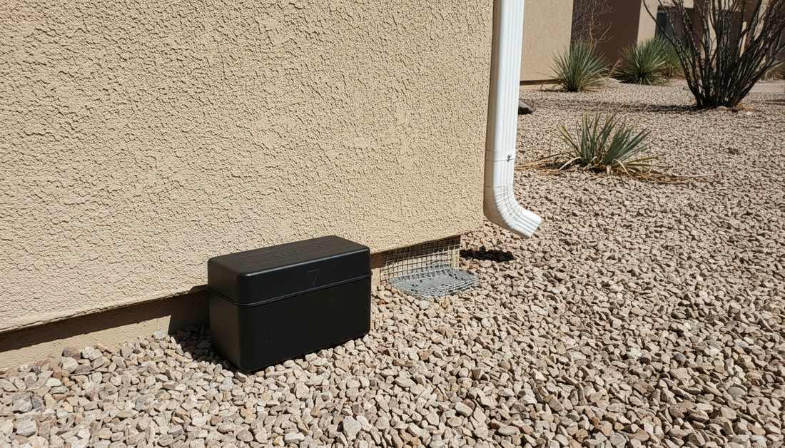 Rodent control at an Albuquerque home: a tamper-resistant bait station along the stucco foundation and a sealed entry gap